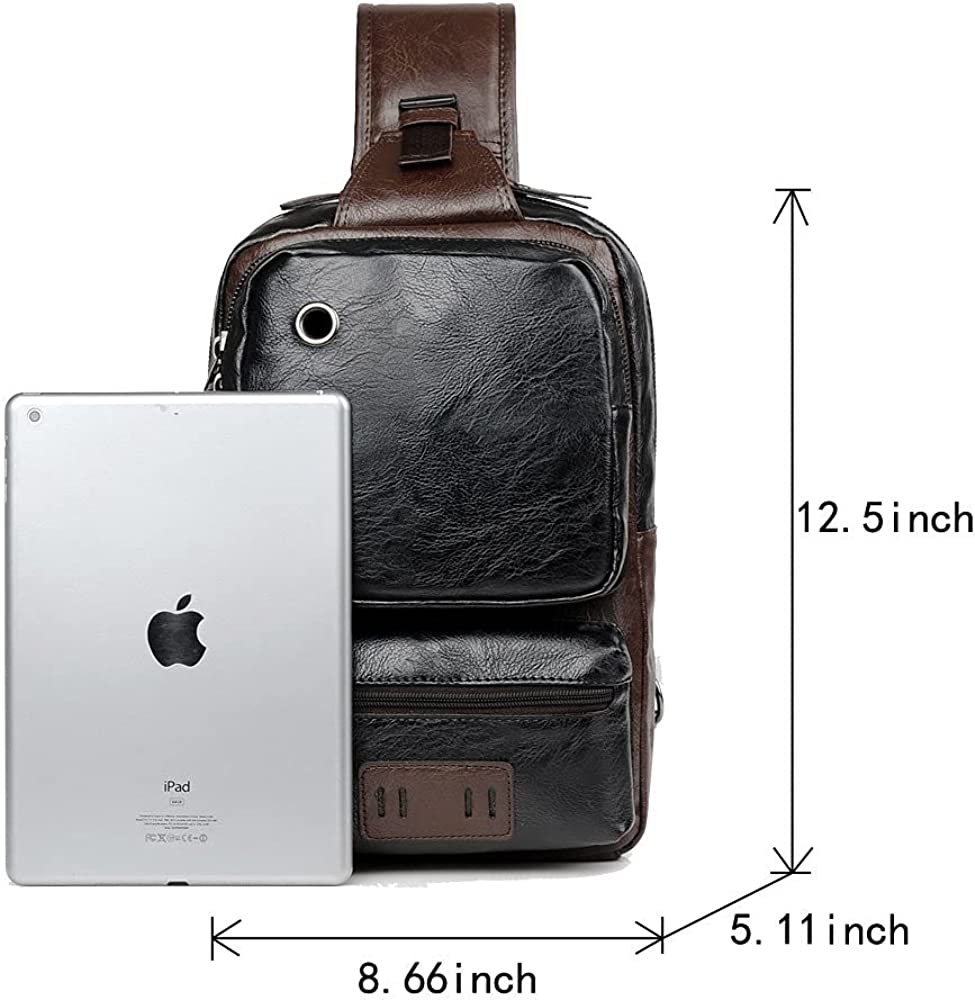Small Black Sling Crossbody Backpack Shoulder Bag for Men Women Vintage PU Leather Sling Backpack Cycling USB Charger