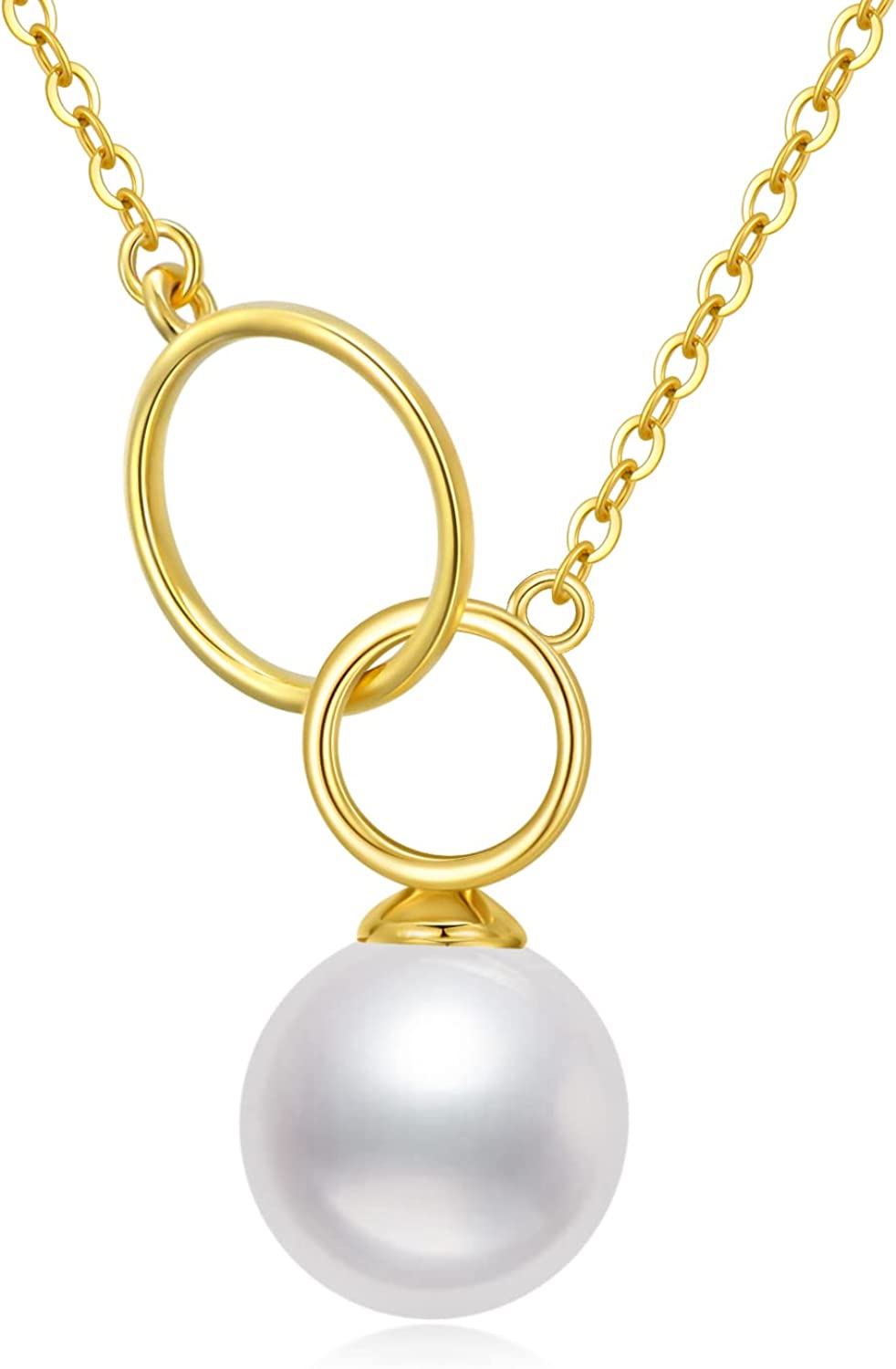 FENCCI 14K Gold Double Circle Necklace With Pearl, Freshwater Pearl Gold Pendant Mother Daughter Necklace Fine Peart Jewelry Gifts for Women Mom Daughter and Her, 16+2 Inches