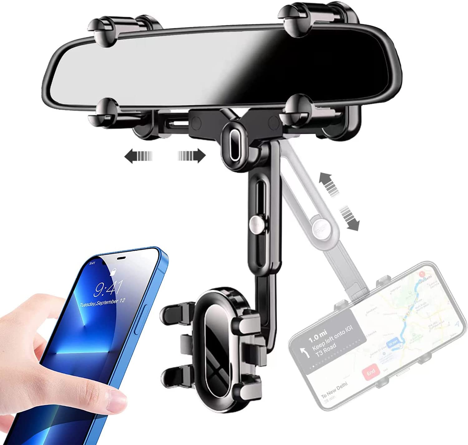 TwoHead 2023 Rearview Mirror Phone Mount for Car,Rear View Mirror Car Phone Holder,Universal Multifunctional Adjustable [Big Rear Mirrors Friendly] Car Phone Holder Mount for All Mobiles & Cars