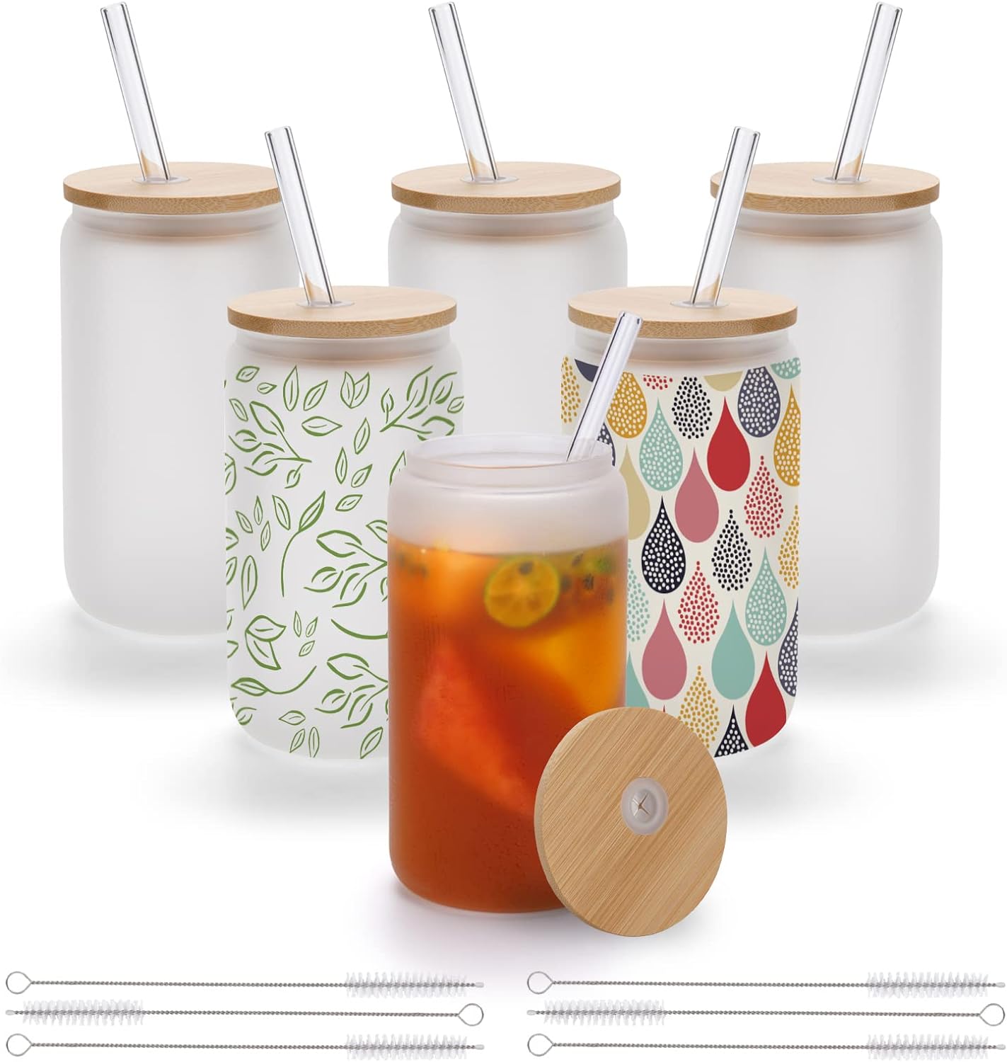 Qinkada Sublimation Glass Blanks with Bamboo Lid, 18OZ Mason Jar Drinking Glass, Portable Travel Drinking Jars Reusable Beer Can Glass with Straws and Brushes, 6 Pack