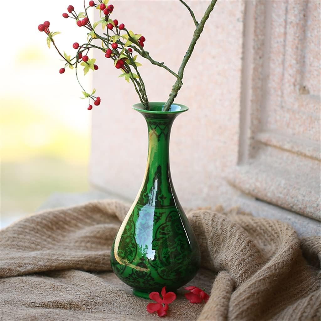 ZSEDP Antique Green Glaze Ceramic Vase Flower Vase Handmade Furnishing Articles Sitting Room Bedroom Decoration