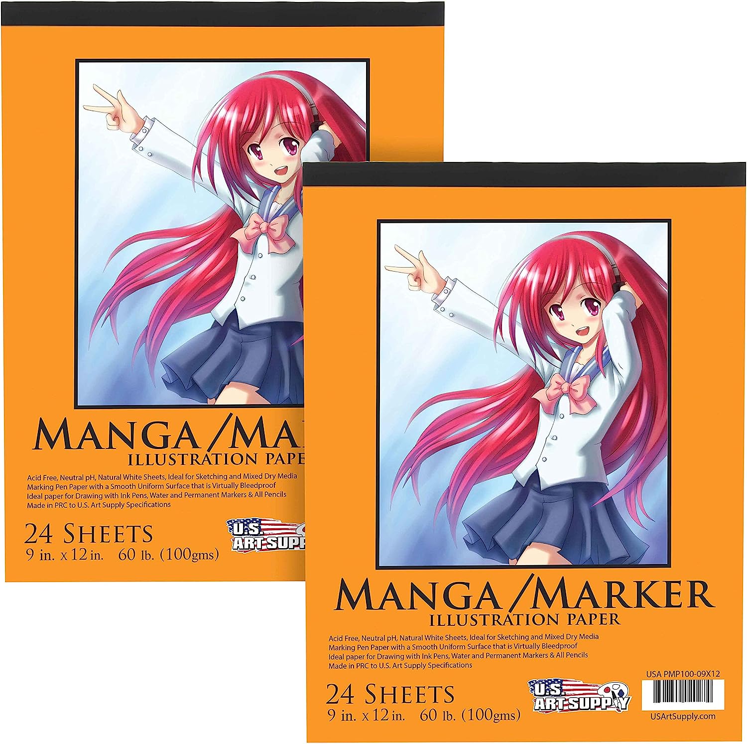 U.S. Art Supply 9" x 12" Premium Manga-Marker Paper Pad, 60 Pound (100gsm), Pad of 24-Sheets (Pack of 2 Pads)