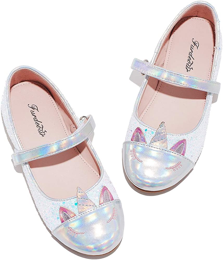 Furdeour Girls Dress Shoes Mary Jane Flower Wedding Party Bridesmaids Shoes Glitter Princess Ballet Flats for Kid Toddler