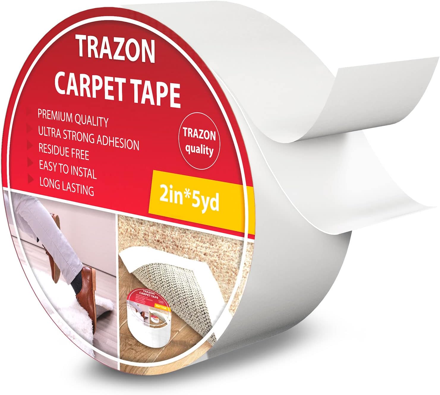 Trazon Carpet Tape Double Sided - Rug Tape Grippers for Hardwood Floors and Area Rugs - Carpet Binding Tape Strong Adhesive and Removable, Heavy Duty Stickers Tape, Residue Free (2 Inch / 5 Yards)