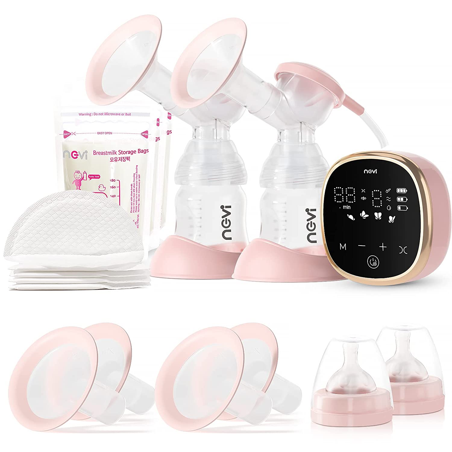 NCVI Double Electric Breast Pump 8782, Portable Anti-Backflow, with 4 Size Flanges, 4 Modes & 9 Levels, LED Display, 10 Breastmilk Storage Bags, Ultra-Quiet and Pain Free Breast Pumps