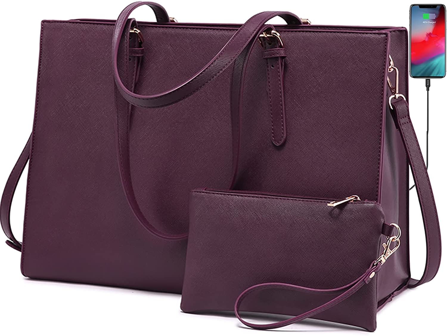 LOVEVOOK Laptop Bag for Women， Fashion Computer Tote Bag Large Capacity Handbag， Leather Shoulder Bag Purse Set， Professional Business Work Briefcase for Office Lady， 2PCs， 15.6-Inch， Deep Plum