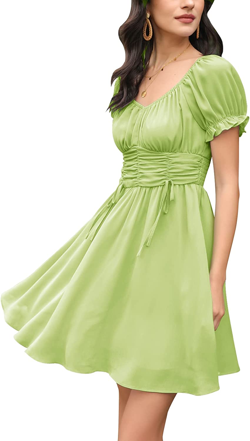 EXLURA Womens Summer Dress Short Smocked Ruffle Sundress Off Shoulder Ruched Flowy Smocked Swing Mini Dresses