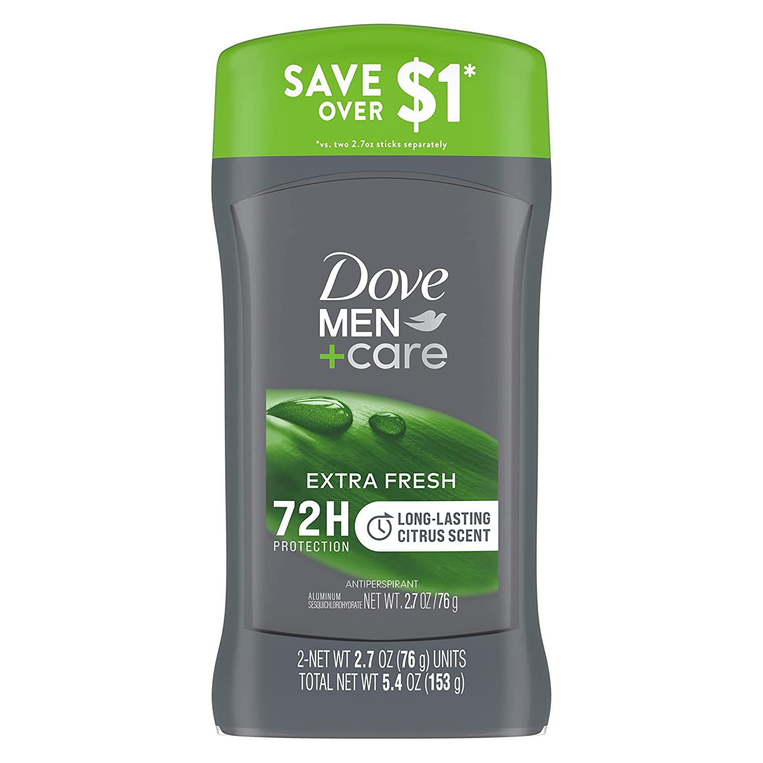 Dove Men+Care Extra Fresh Men's Antiperspirant Deodorant Stick Extra Fresh Twin pack With 72-hour sweat & odor protection with 1/4 Moisturizing Cream & Long-lasting Citrus Scent 2.7 oz