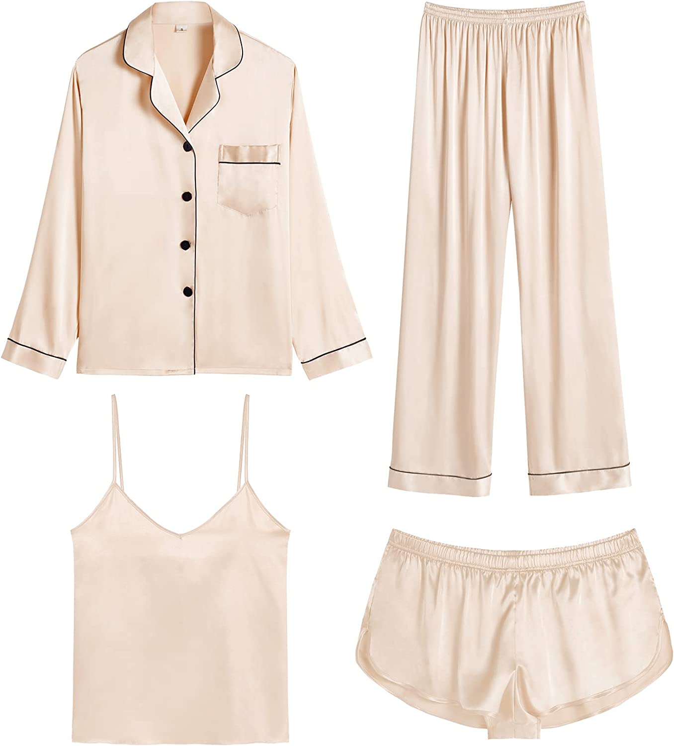 SWOMOG Women Satin Pajamas 4pcs Pajama Set Sexy Cami Shorts Set and Button Down Long Sleeve Pjs Loungewear Sleepwear