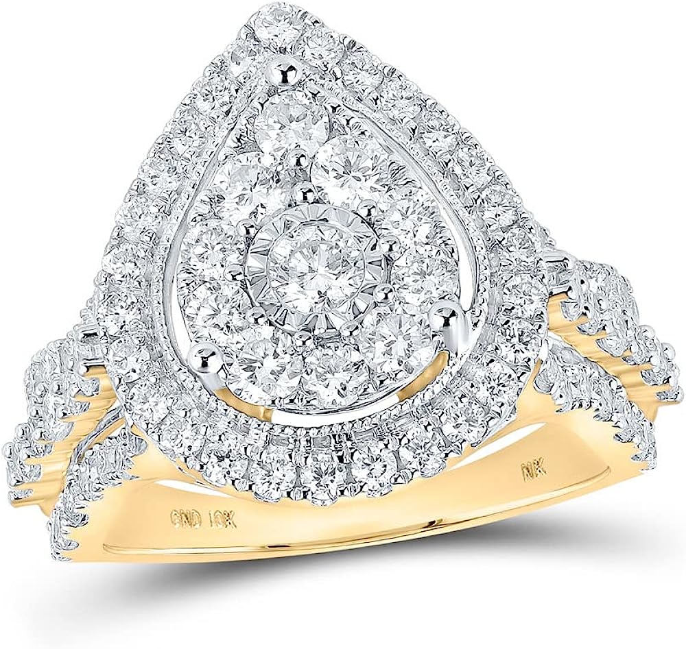 The Diamond Deal 10kt Yellow Gold Round Diamond Teardrop Bridal Wedding Engagement Ring 1-3/4 Cttw