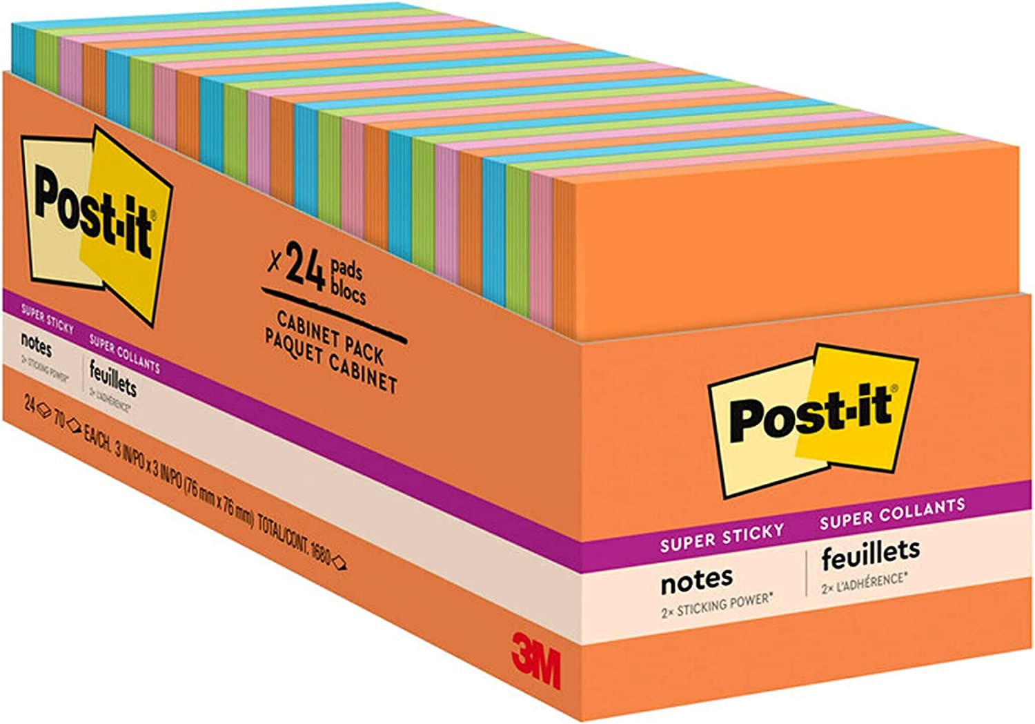 Post-it Super Sticky Notes, 3x3 in, 24 Pads, 2x the Sticking Power, Energy Boost, Bright Colors (Orange, Pink, Blue, Green),Recyclable (654-6SSAU)