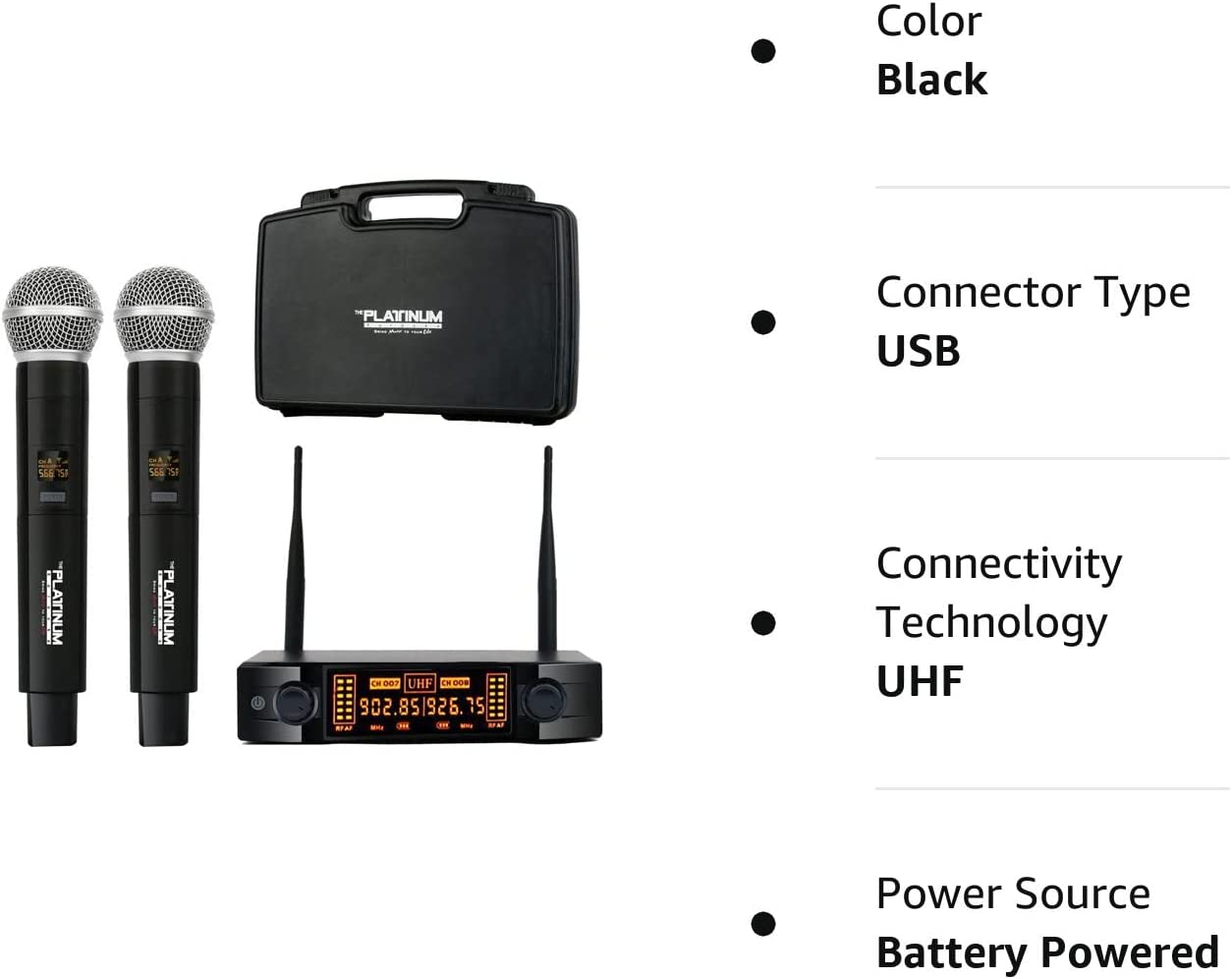 The Platinum Wireless Microphone System, Metal Professional Dual Channel Handheld Dynamic Mic System with Professional Karaoke Receiver, for Party, KTV, Meeting, Wedding, DJ, Church,200ft