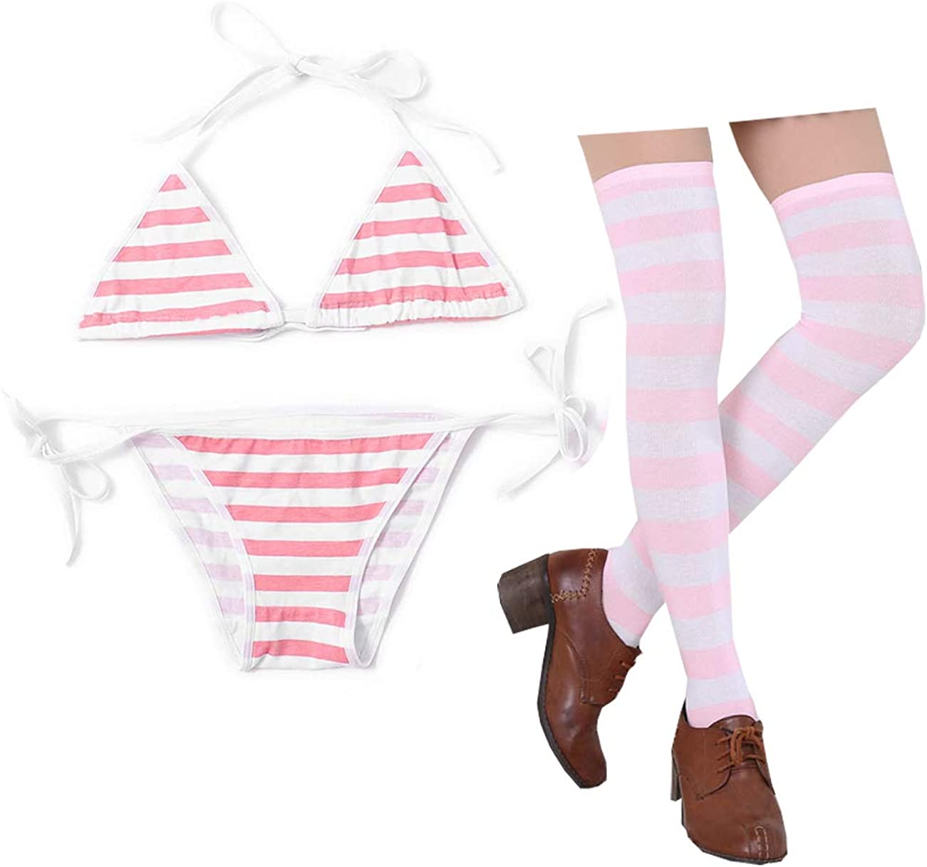 Oludkeph 3 PCS Sexy Japanese Cute Anime Lingerie Set for Women with Striped Thigh High Socks Bikini