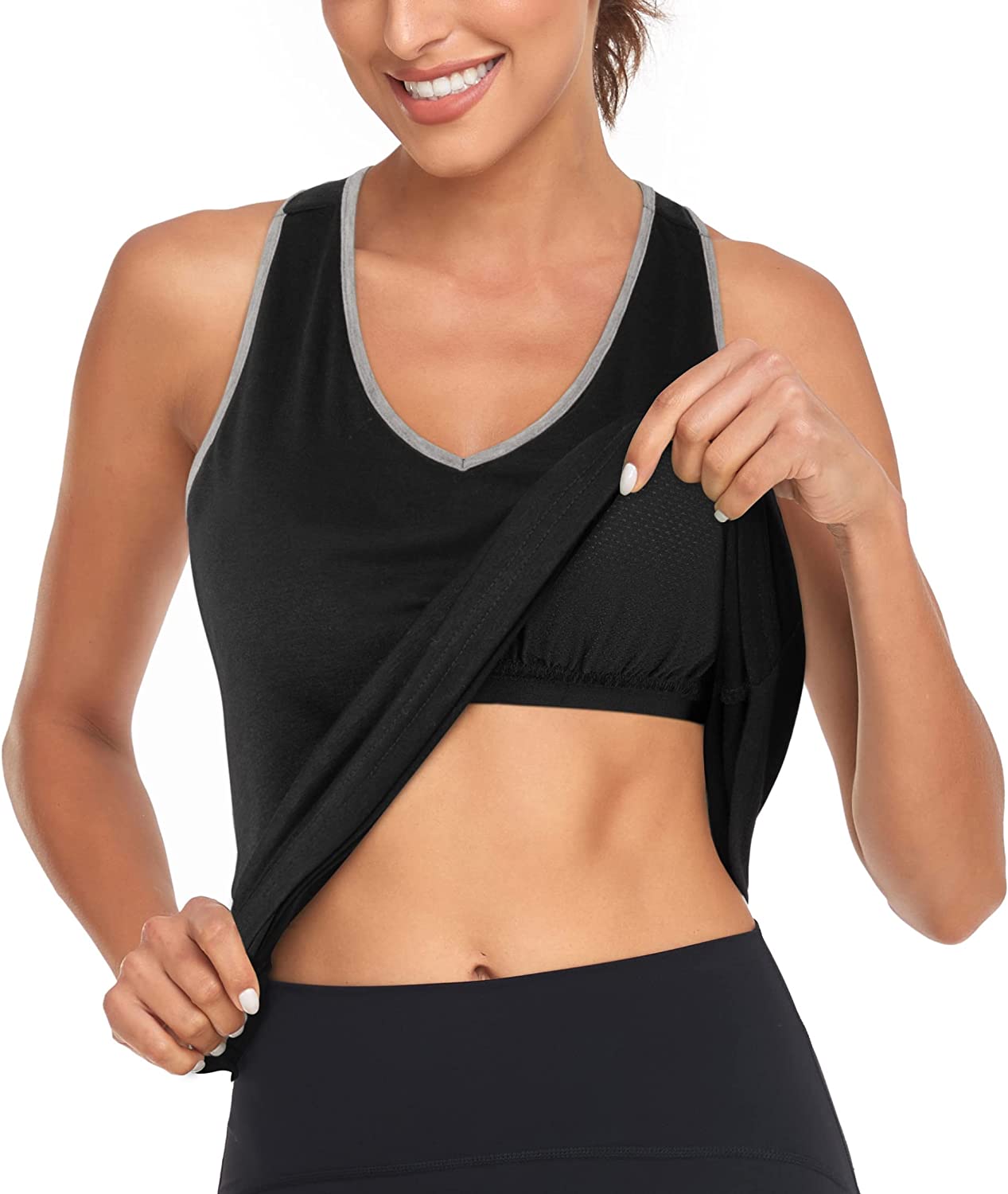 Hibelle Built in Bra Tank Tops for Women V Neck Racerback Workout Yoga Casual Shirts