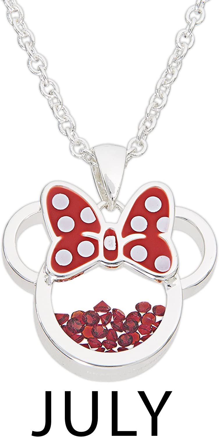 Disney Women and Girls Birthstone Jewelry - Minnie Mouse Cubic Zirconia Shaker Pendant Necklace, Silver Plated, 18+2" Extender