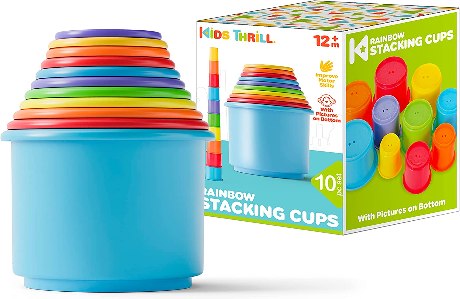 KIDSTHRILL Rainbow Colors Baby Stacking Cups for Toddlers, Tall Baby Stacking Toys Nesting Cups, Drain Holes for Bath Toys, Educational & Motor Skills Sorting Nesting & Stacking Toys For 1 2 Years old