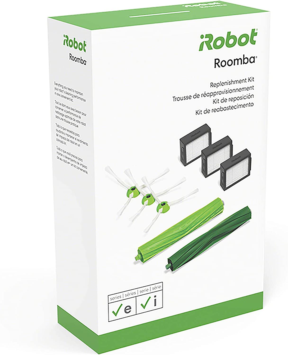 iRobot Roomba Authentic Replacement Parts - Roomba e, i, & j Series Replenishment Kit, (3 High-Efficiency Filters, 3 Edge-Sweeping Brushes, and 1 Set of Multi-Surface Rubber Brushes),Green - 4639168