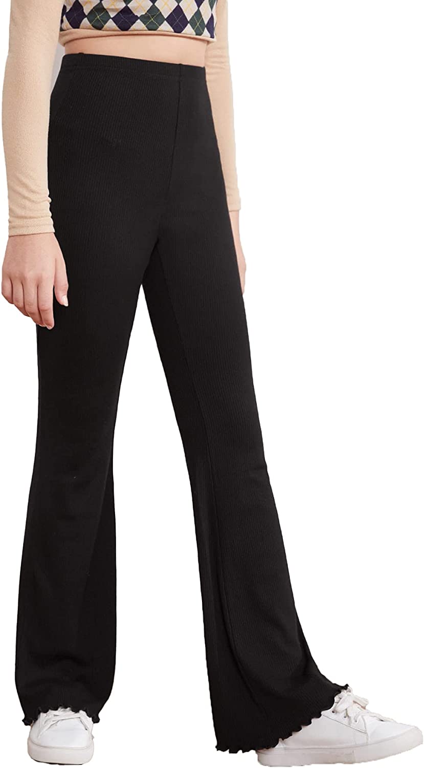 WDIRARA Girl's Elastic Waist Flare Leg Ribbed Knit Casual Stretch Long Pants