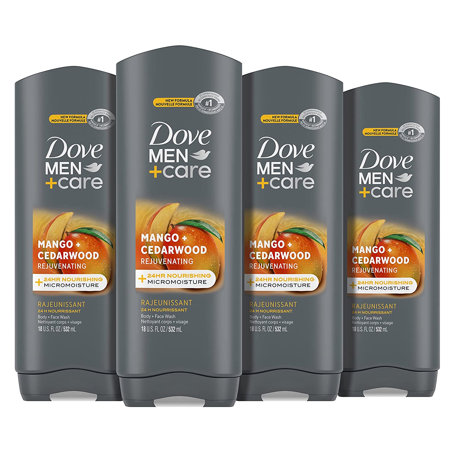 DOVE MEN + CARE Body Wash Rejuvenating Mango + Cedarwood 4 Count for Men with 24-Hour Nourishing Micromoisture Technology 18 oz