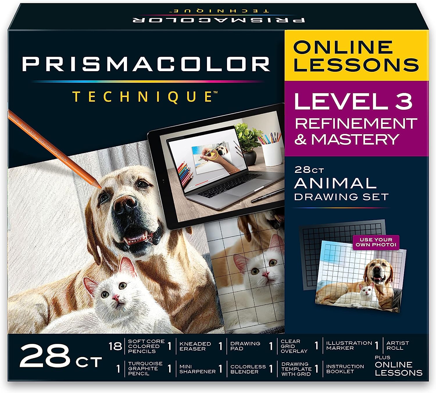 Prismacolor Technique, Art Supplies and Digital Art Lessons, Animal Drawings Set, Level 3, How to Draw Animals with Colored Pencils, and More, Includes Artist Roll Case, Dog, Cat & Pet Lesson, 28 Ct