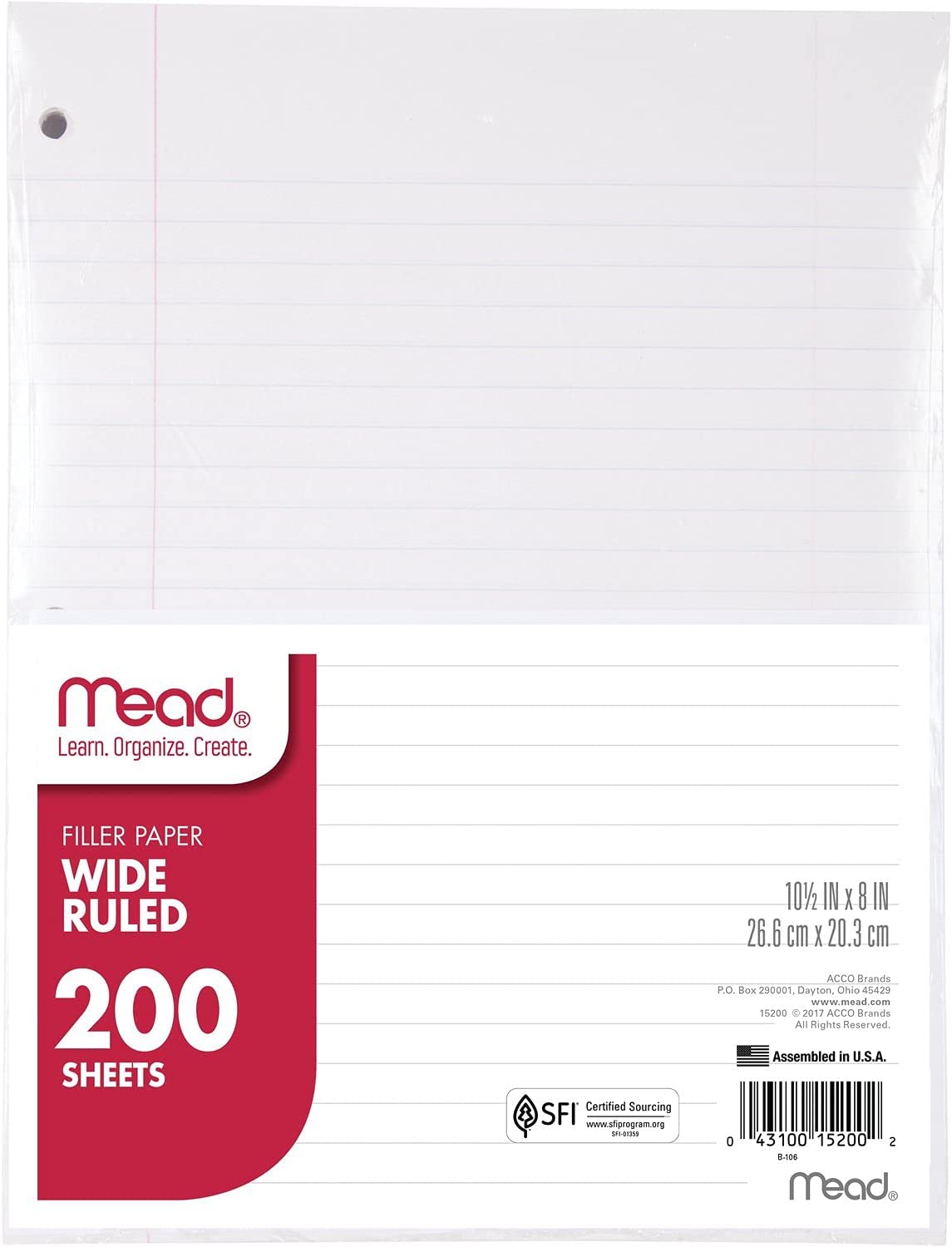 Mead Loose Leaf Paper, Wide Ruled, 200 Sheets, Standard 10-1/2" x 8", Lined Filler Paper, 3 Hole Punched for 3 Ring Binder, Writing & Office Paper, College, K-12 or Homeschool, 1 Pack (15200) , White