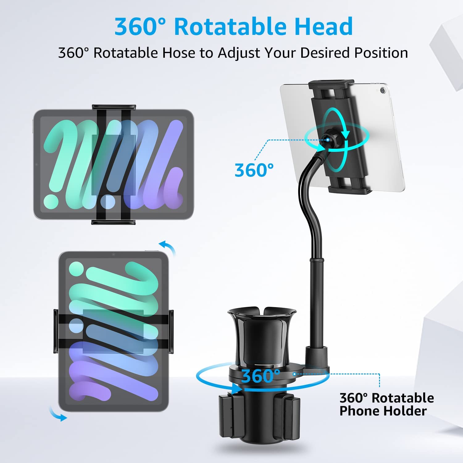 Car Cup Holder Phone Mount, 2 in 1 Universal Cell Phone Mount for Car, Adjustable Long Gooseneck Phone Holder 360° Strong Cup Holder for Car, Compatible with All 4.7''-8.2'' Smartphone Pad Devices