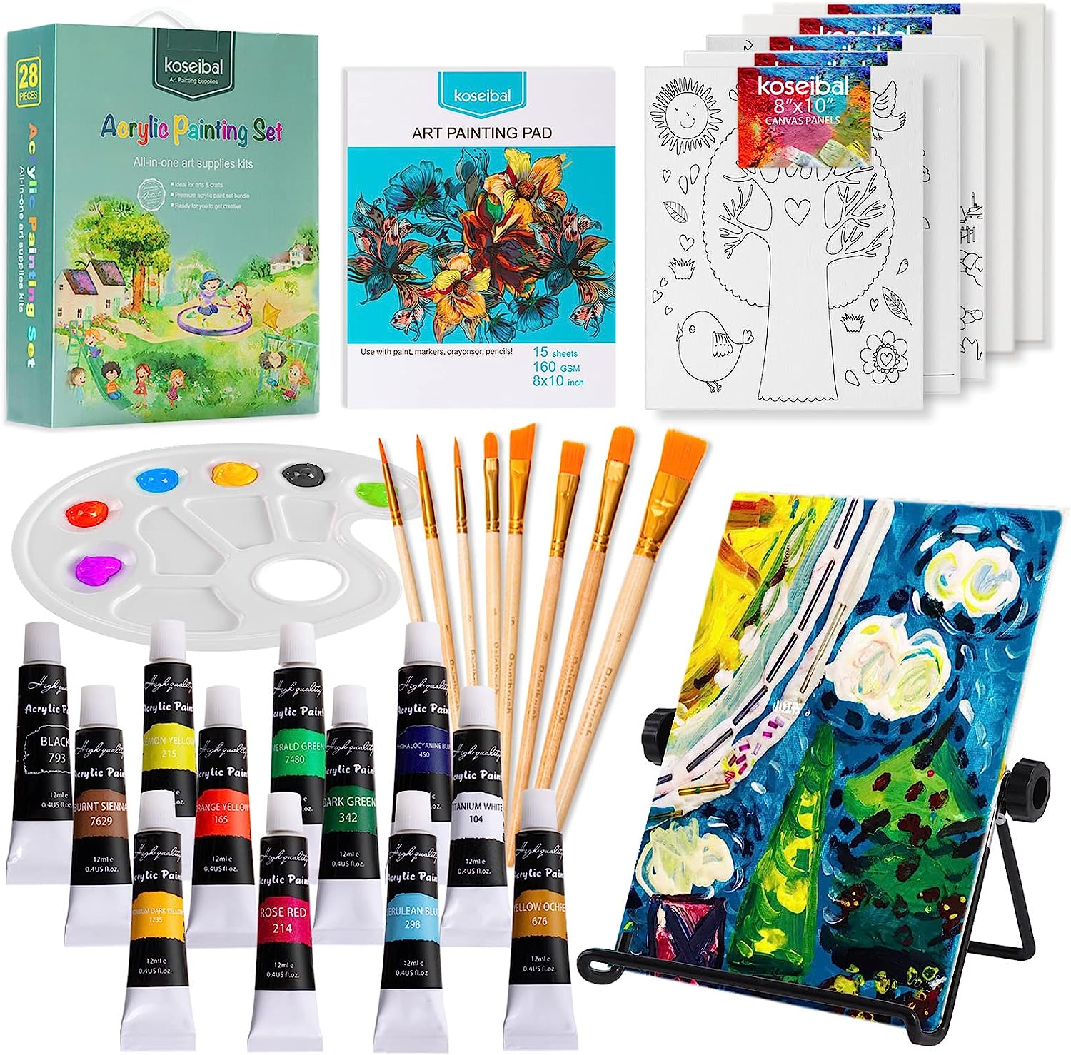 Acrylic Paint Set for Kids, Art Painting Supplies Kit with 12 Paints, 5 Canvas Panels, 8 Brushes, Table Easel, Etc, Premium Paint Set for Students, Artists and Beginner.