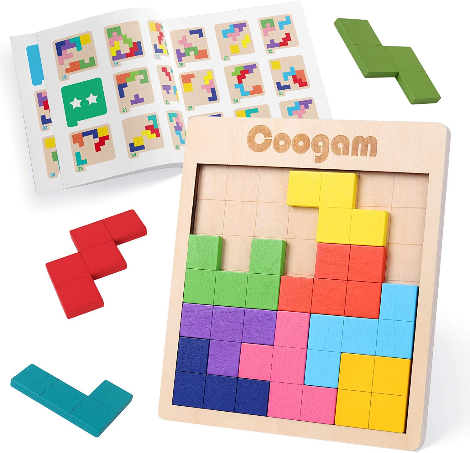 Coogam Wooden Puzzle Pattern Blocks Brain Teasers Game with 60 Challenges, 3D Russian Building Toy Wood Tangram Shape Jigsaw Puzzles Montessori STEM Educational Toys Gift for Kids Adults