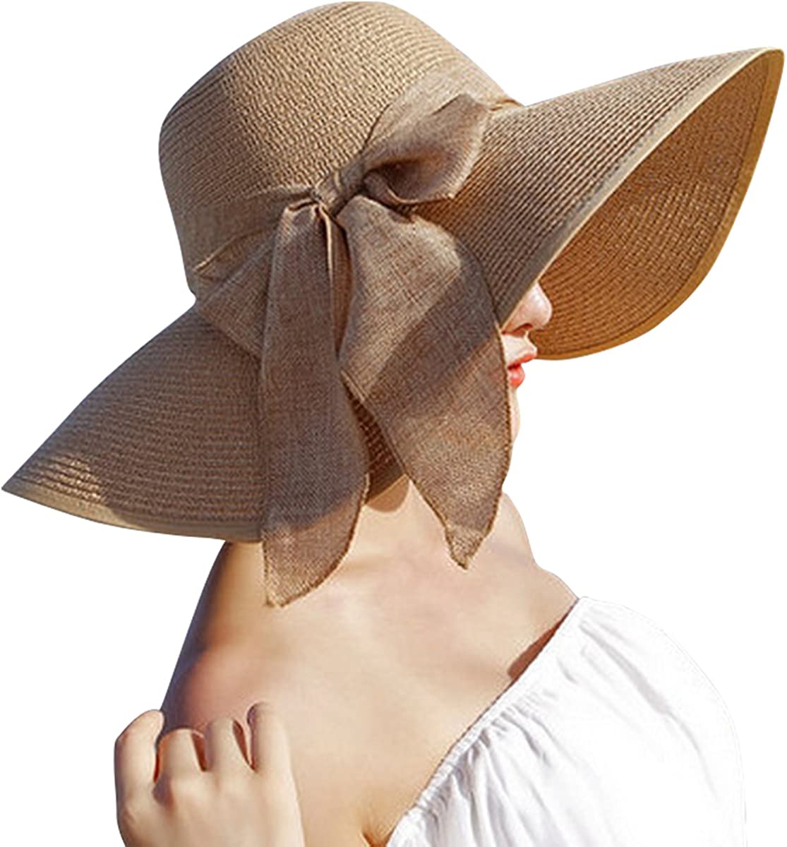 Lanzom Womens 5.5 Inches Big Bowknot Straw Hat Large Floppy Foldable Roll up Beach Cap Sun Hat UPF 50+