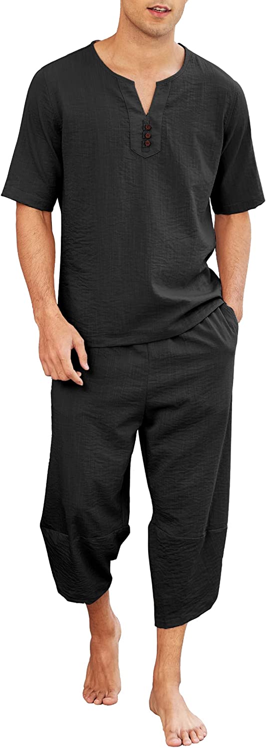 COOFANDY Men's 2 Pieces Linen Set Henley Shirt Short Sleeve and Harem Capri Pants Wide Leg Baggy Beach Yoga Trousers Outfits