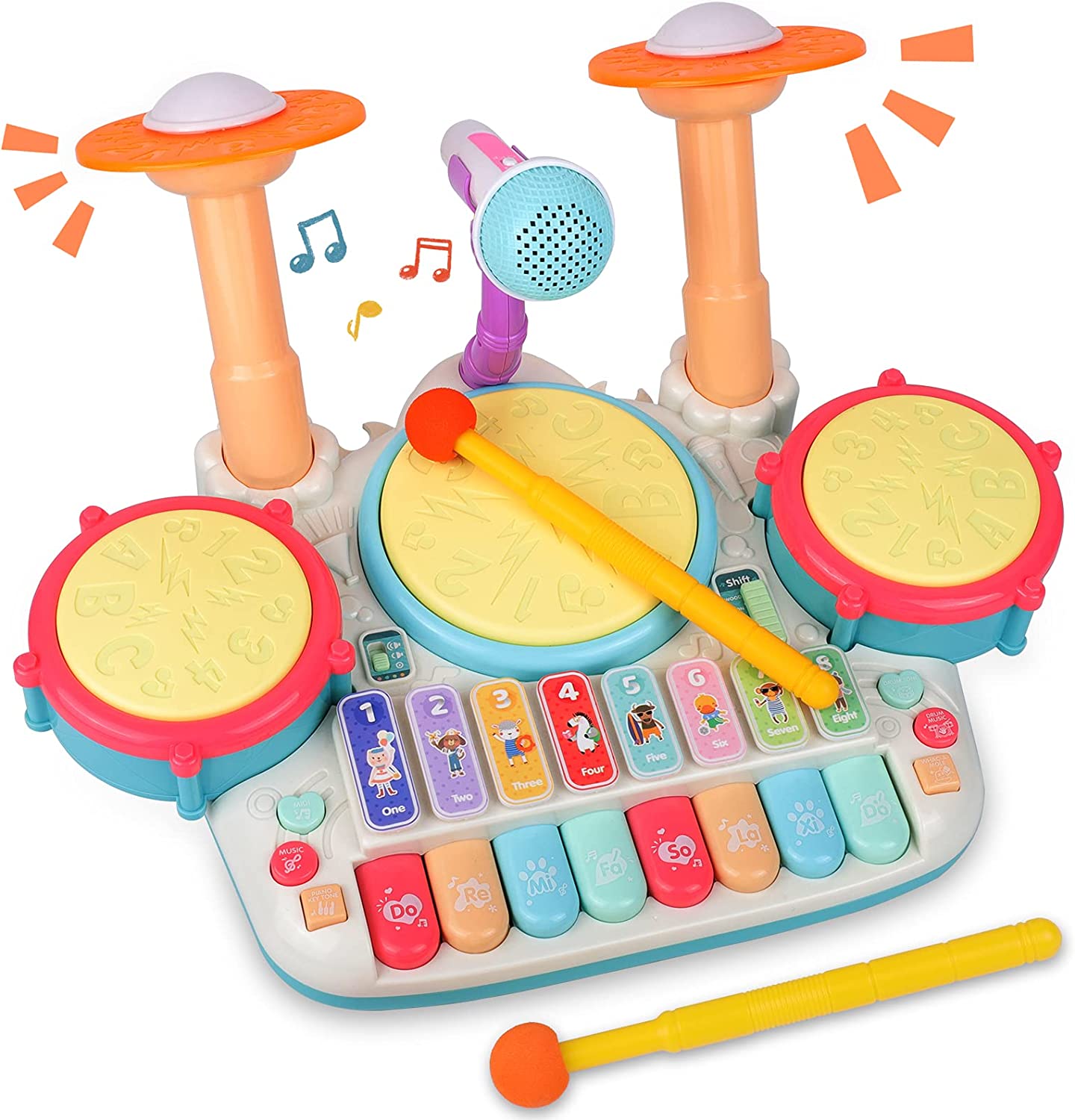 Rabing Baby Musical Instruments Toys, 5 in 1 Toddler Drum & Piano Set, Kids Electronic Piano Keyboard Xylophone Drum Toys Set with Microphone & Lights, Learning Toys Gift for Baby 1 2 3 Years Old