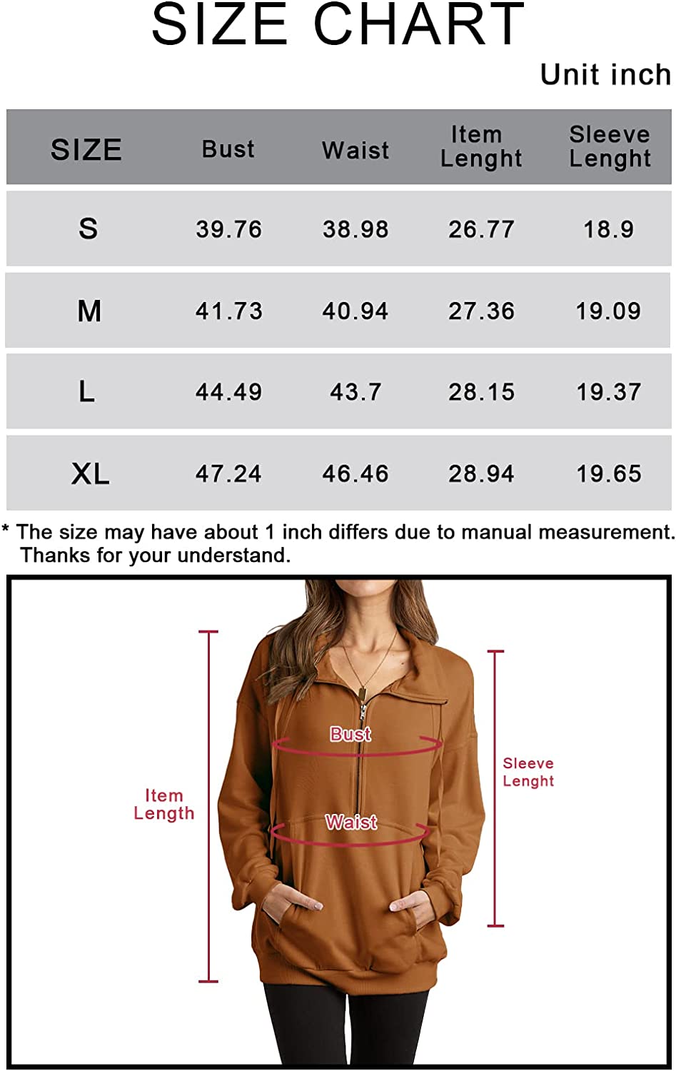 PRETTYGARDEN Women's Casual Long Sleeve Zipper Sweatshirt Drawstring Loose Quarter Zip Pullover Tops with Pockets