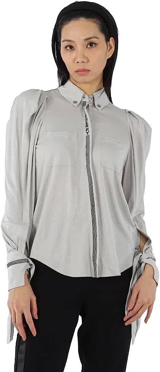 BURBERRY Grey Melange Stripe and Logo-Trimmed Wool and Silk Shirt, Brand Size 12 (US Size 10)