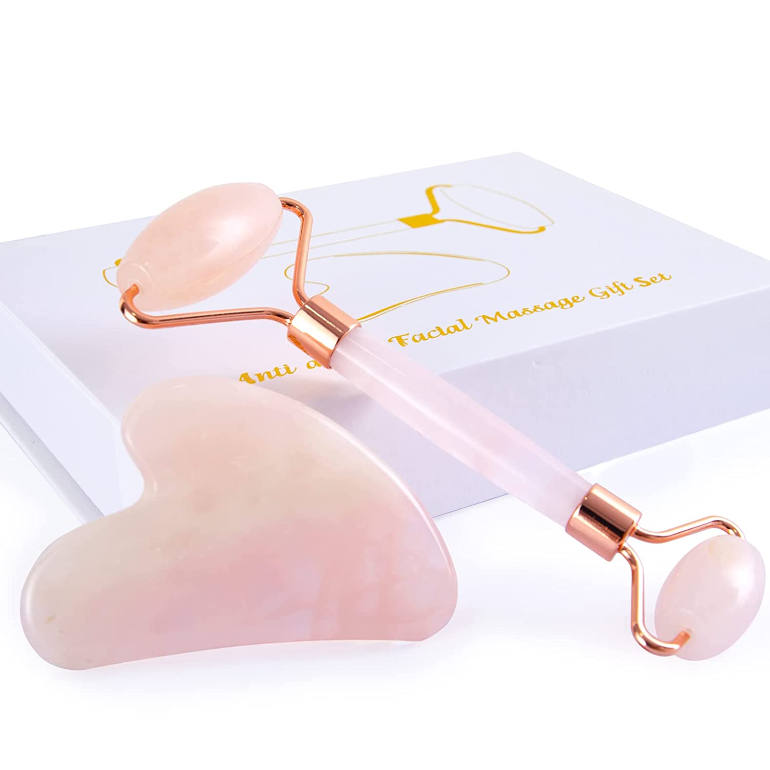 ITSART Jade Roller and Gua Sha Set - Real Natural Face Roller Massage Gua Sha Facial Tools - Anti Aging Facial Skin Care Tools Targets Body Muscle Relaxation Relieves Wrinkles(White)