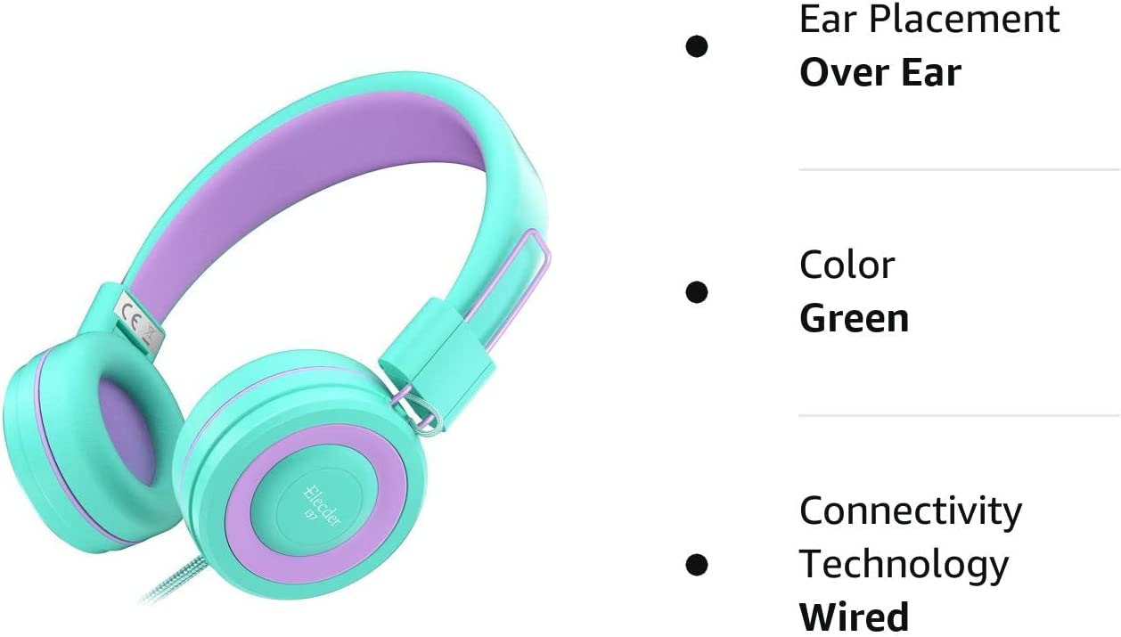 ELECDER i37 Kids Headphones Children Girls Boys Teens Foldable Adjustable On Ear Headphones 3.5mm Jack Compatible Cellphones Computer MP3/4 Kindle School Tablet Green/Purple