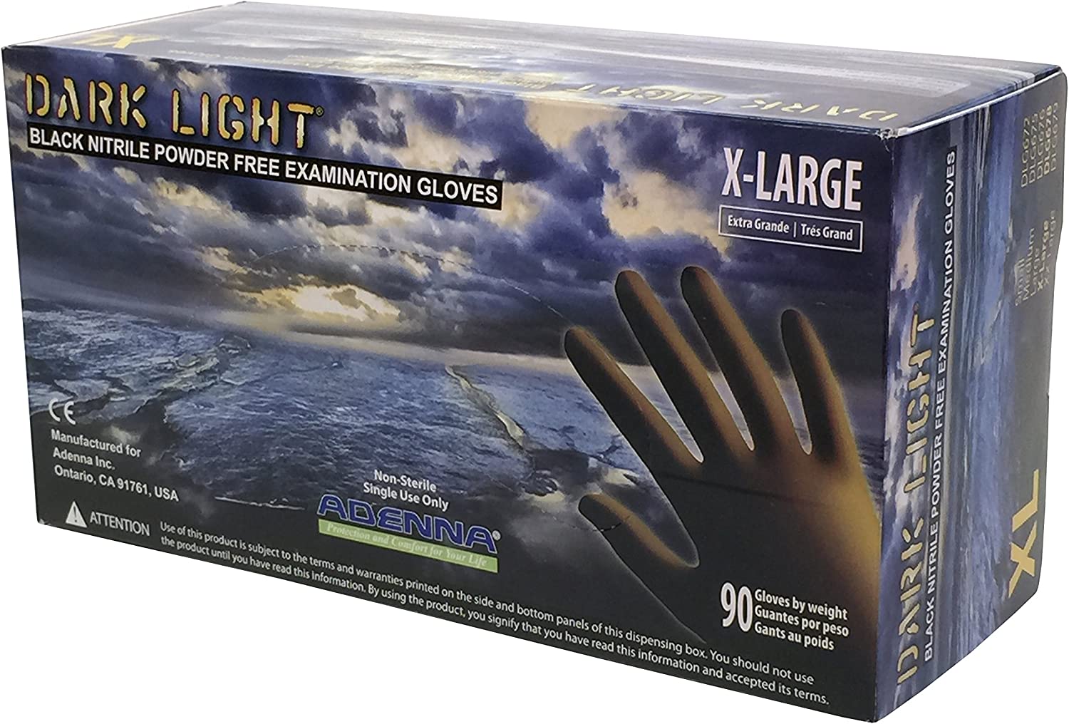 Adenna DLG678 Dark Light 9 mil Nitrile Powder Free Exam Gloves (Black, X-Large) Box of 90