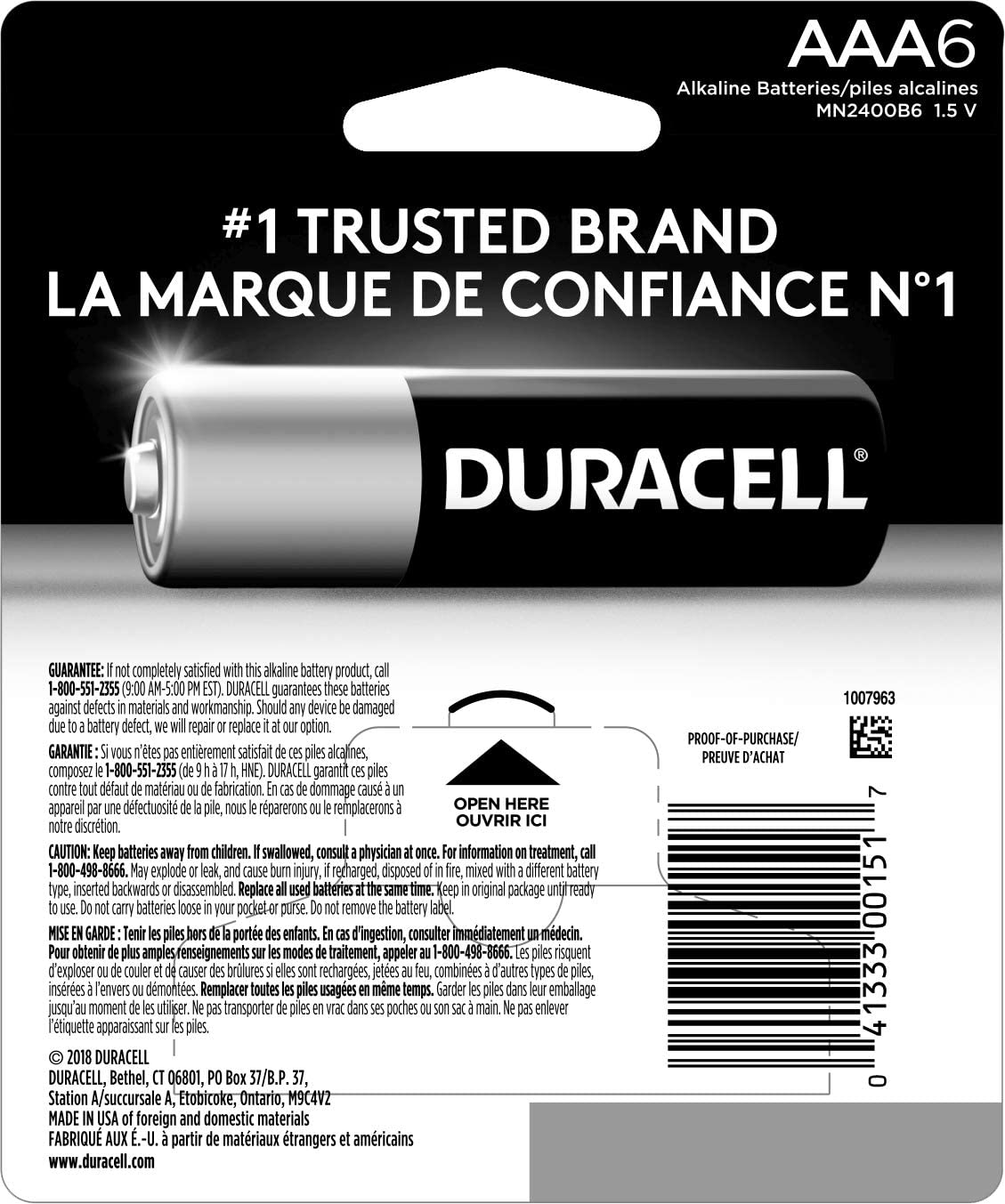 Duracell Coppertop AAA Batteries with Power Boost Ingredients， 6 Count Pack Triple A Battery with Long-lasting Power， Alkaline AAA Battery for Household and Office Devices