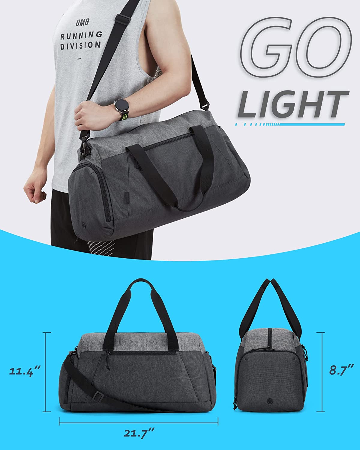 Gym Bags for Men， BAGSMART Foldable Sports Duffle Bag， Lightweight Weekender Duffel Bag With Shoe Compartment， Water Resistant Workout Duffle Sports Bag for Travel Fitness Swimming Yoga， Grey