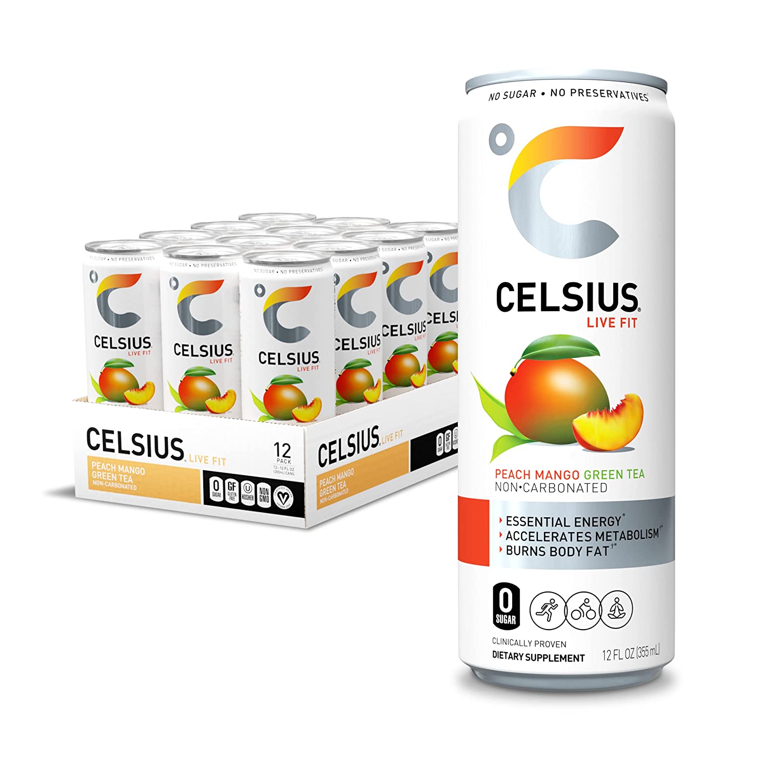 CELSIUS Peach Mango Green Tea, Functional Essential Energy Drink 12 Fl Oz (Pack of 12)