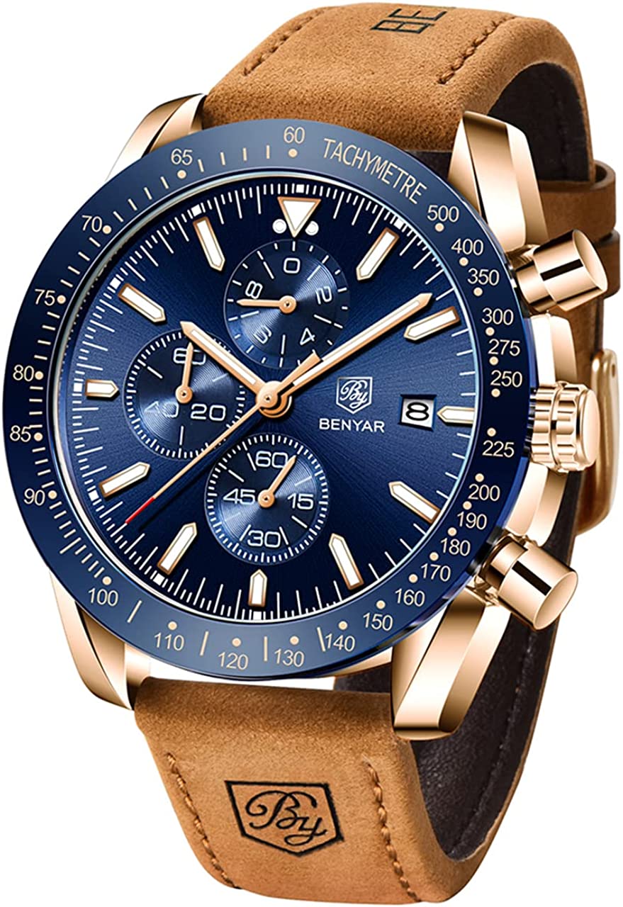 BENYAR Classic Fashion Elegant Chronograph Watch Casual Sport Leather Band Mens Watches 5140L