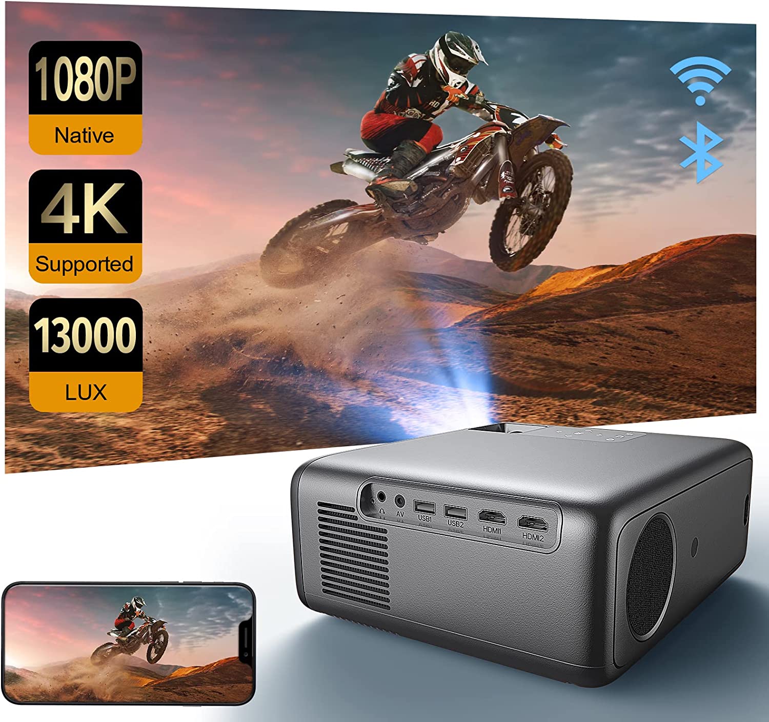 Native 1080P 550ANSI 15000L 5G WiFi and Bluetooth 5.0 Projector Raydem Video Outdoor Movie LED Projector Supports 4K, HD, Compatible with TV Stick,Phone to Enjoy Home Theater